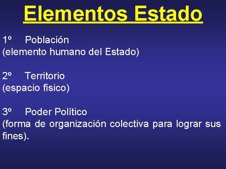 Elementos Estado 1º Población (elemento humano del Estado) 2º Territorio (espacio físico) 3º Poder Elementos Estado 1º Población (elemento humano del Estado) 2º Territorio (espacio físico) 3º Poder