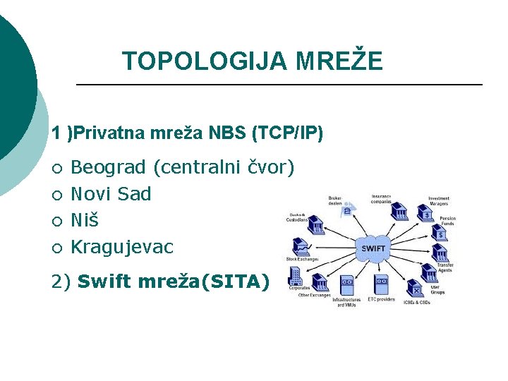 TOPOLOGIJA MREŽE 1 )Privatna mreža NBS (TCP/IP) ¡ ¡ Beograd (centralni čvor) Novi Sad