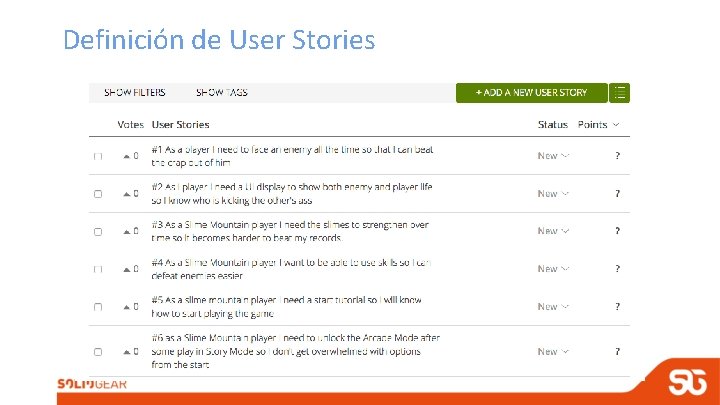 Definición de User Stories Definición de User Stories
