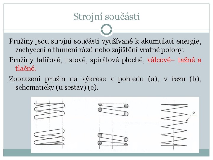 Strojní součásti Pružiny jsou strojní součásti využívané k akumulaci energie, zachycení a tlumení rázů