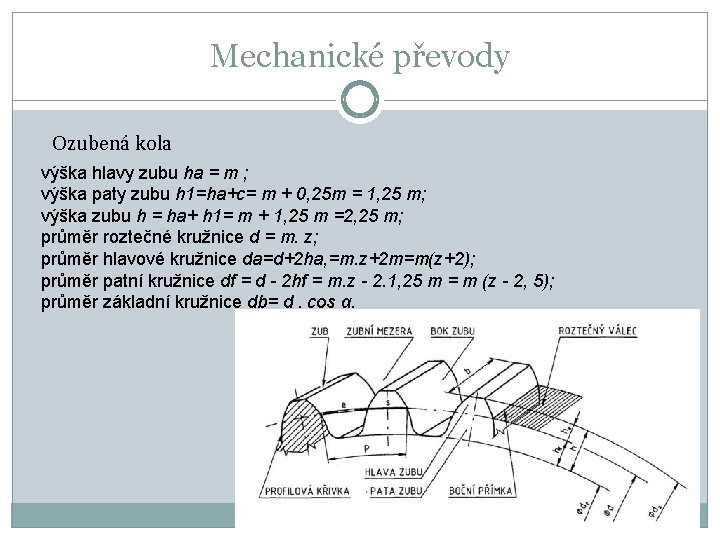 Mechanické převody Ozubená kola výška hlavy zubu ha = m ; výška paty zubu