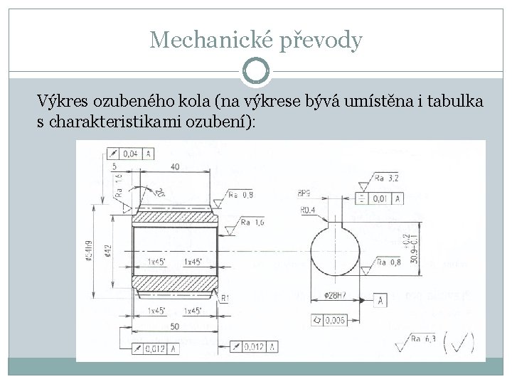Mechanické převody Výkres ozubeného kola (na výkrese bývá umístěna i tabulka s charakteristikami ozubení):