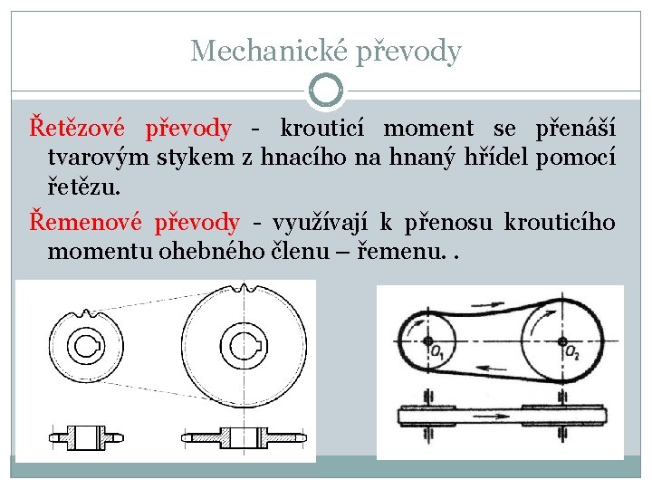 Mechanické převody Řetězové převody - krouticí moment se přenáší tvarovým stykem z hnacího na