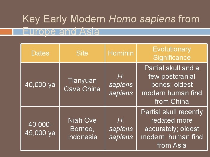 Key Early Modern Homo sapiens from Europe and Asia Dates 40, 000 ya 40,