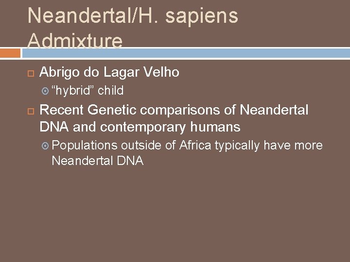 Neandertal/H. sapiens Admixture Abrigo do Lagar Velho “hybrid” child Recent Genetic comparisons of Neandertal