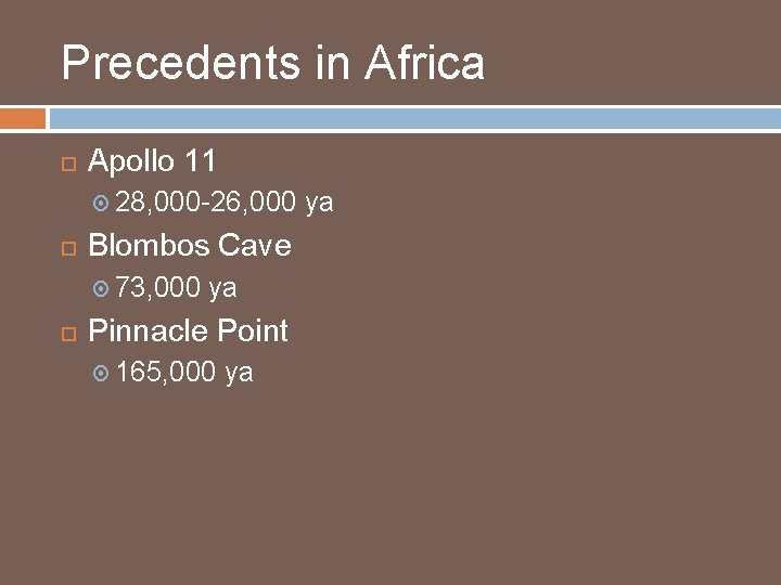 Precedents in Africa Apollo 11 28, 000 -26, 000 Blombos Cave 73, 000 ya Precedents in Africa Apollo 11 28, 000 -26, 000 Blombos Cave 73, 000 ya