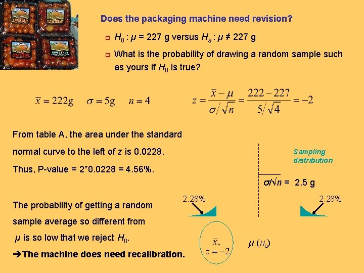 Does the packaging machine need revision? p p H 0 : µ = 227