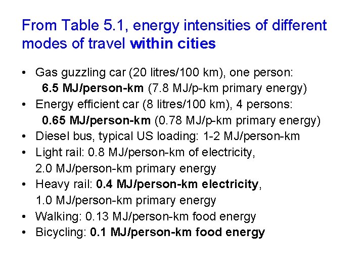 From Table 5. 1, energy intensities of different modes of travel within cities •