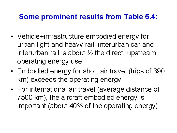 Some prominent results from Table 5. 4: • Vehicle+infrastructure embodied energy for urban light