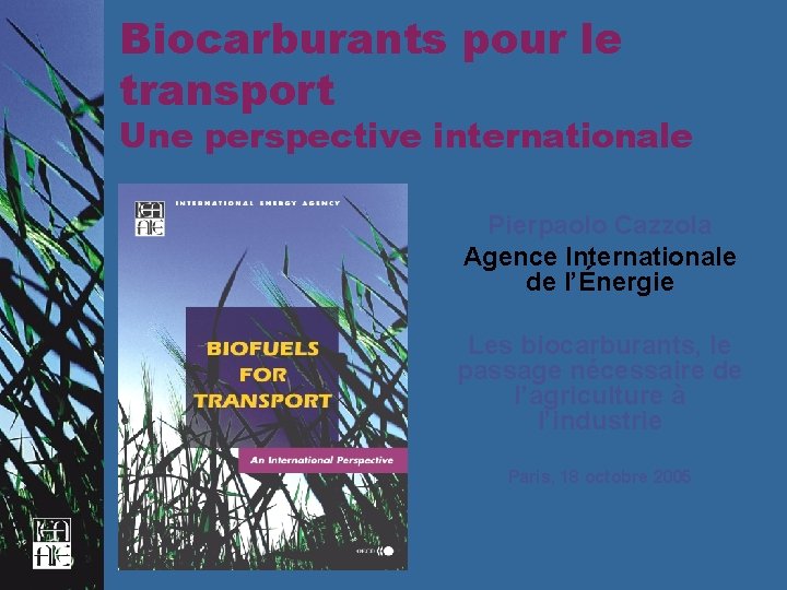 Biocarburants pour le transport Une perspective internationale Pierpaolo Cazzola Agence Internationale de l’Énergie Les