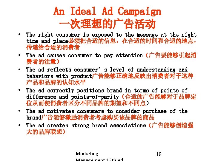 An Ideal Ad Campaign 一次理想的广告活动 • The right consumer is exposed to the message