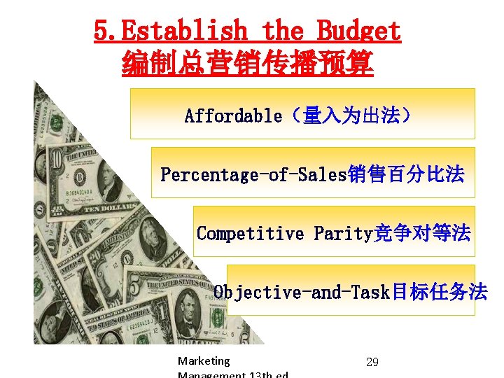 5. Establish the Budget 编制总营销传播预算 Affordable（量入为出法） Percentage-of-Sales销售百分比法 Competitive Parity竞争对等法 Objective-and-Task目标任务法 Marketing 29 