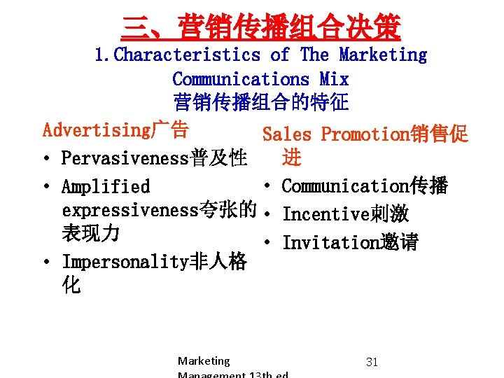 三、营销传播组合决策 1. Characteristics of The Marketing Communications Mix 营销传播组合的特征 Advertising广告 Sales Promotion销售促 进 •
