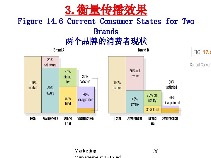 3. 衡量传播效果 Figure 14. 6 Current Consumer States for Two Brands 两个品牌的消费者现状 Marketing 36