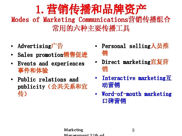 1. 营销传播和品牌资产 Modes of Marketing Communications营销传播组合 常用的六种主要传播 具 • Advertising广告 • Sales promotion销售促进 •