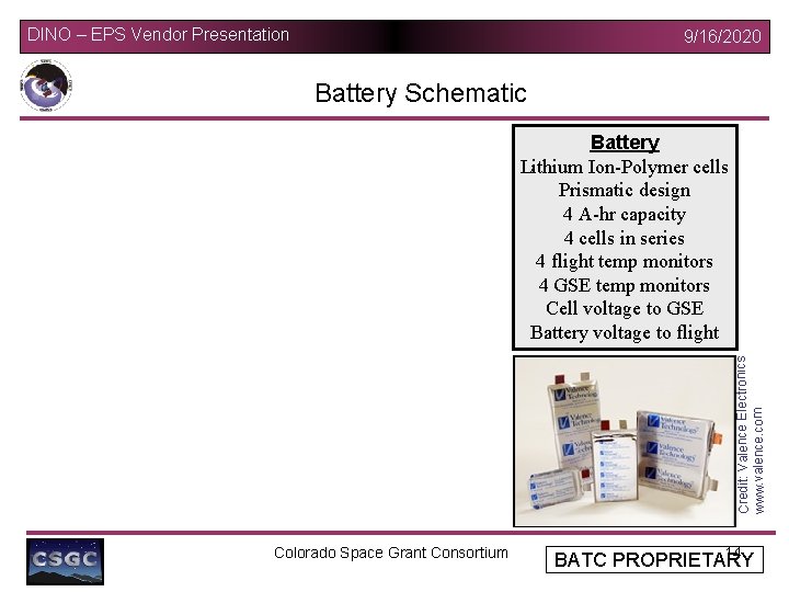 DINO – EPS Vendor Presentation 9/16/2020 Battery Schematic Credit: Valence Electronics www. valence. com