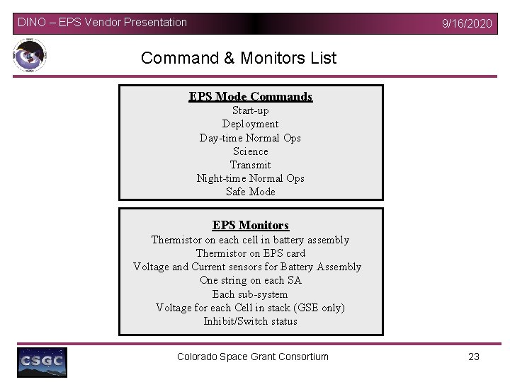 DINO – EPS Vendor Presentation 9/16/2020 Command & Monitors List EPS Mode Commands Start-up