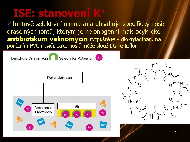 ISE: stanovení K+ Iontově selektivní membrána obsahuje specifický nosič draselných iontů, kterým je neionogenní