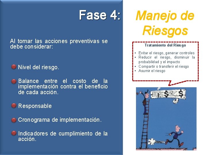 Fase 4: Al tomar las acciones preventivas se debe considerar: La Administración de riesgos