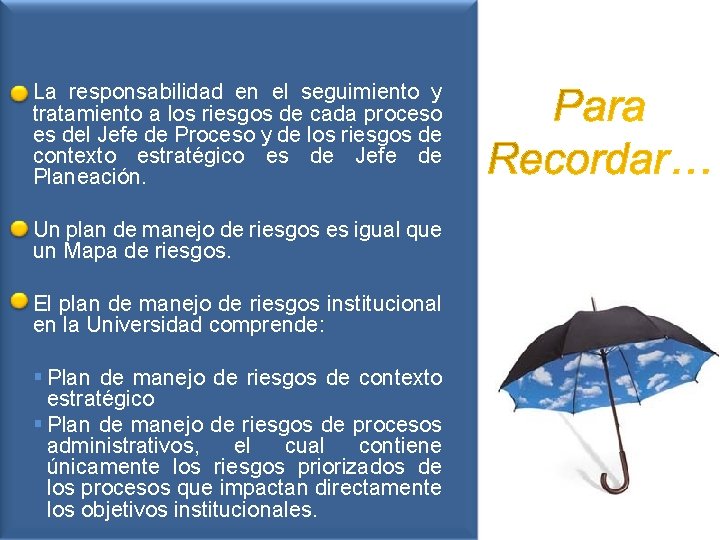  • La responsabilidad en el seguimiento y tratamiento a los riesgos de cada