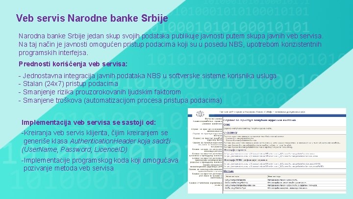 Veb servis Narodne banke Srbije Narodna banke Srbije jedan skup svojih podataka publikuje javnosti