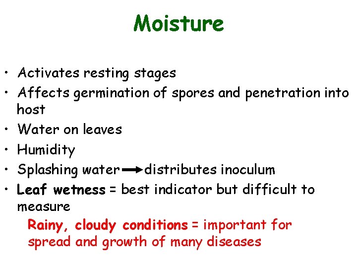 Moisture • Activates resting stages • Affects germination of spores and penetration into host Moisture • Activates resting stages • Affects germination of spores and penetration into host