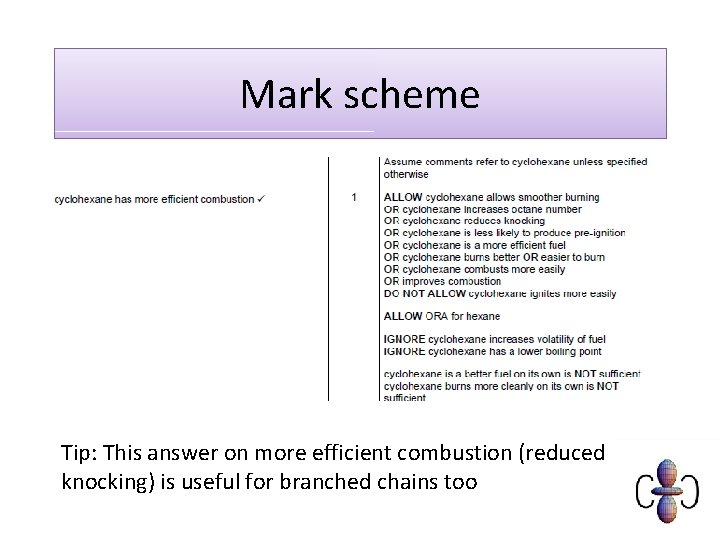 Mark scheme Tip: This answer on more efficient combustion (reduced knocking) is useful for