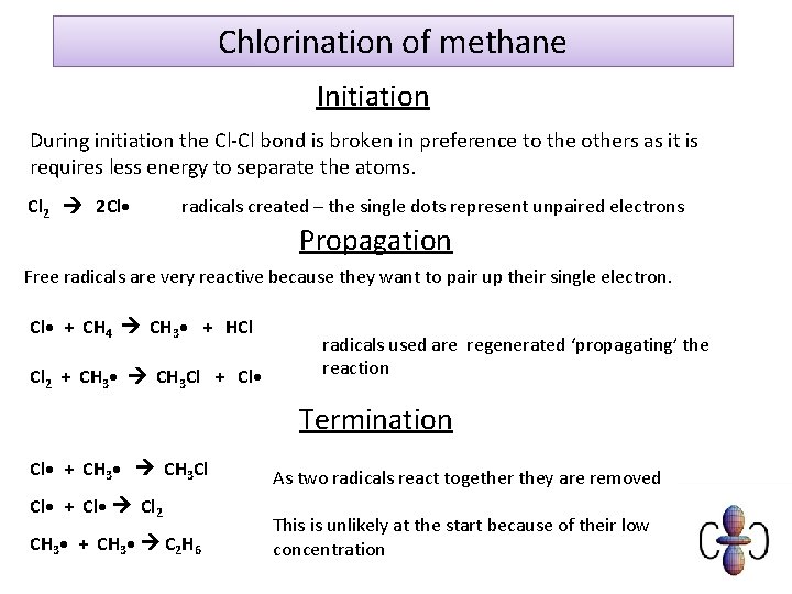 Chlorination of methane Initiation During initiation the Cl-Cl bond is broken in preference to