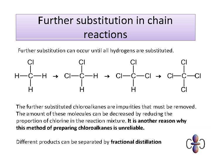 Further substitution in chain reactions Further substitution can occur until all hydrogens are substituted.