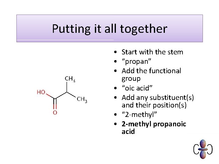 Putting it all together • Start with the stem • “propan” • Add the