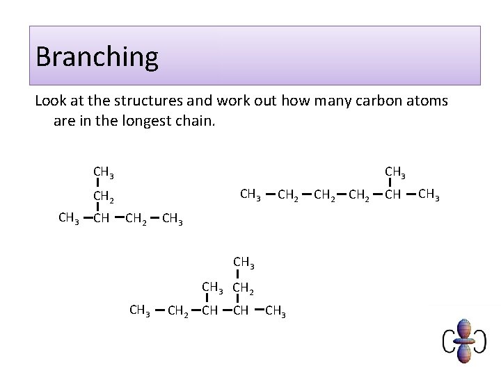 Branching Look at the structures and work out how many carbon atoms are in