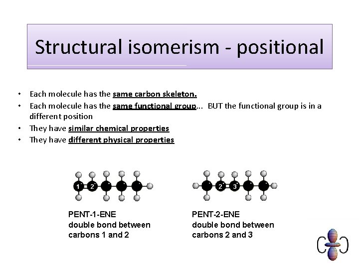 Structural isomerism - positional • Each molecule has the same carbon skeleton. • Each