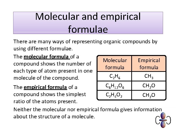 Molecular and empirical formulae There are many ways of representing organic compounds by using