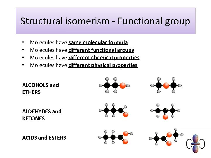 Structural isomerism - Functional group • • Molecules have same molecular formula Molecules have