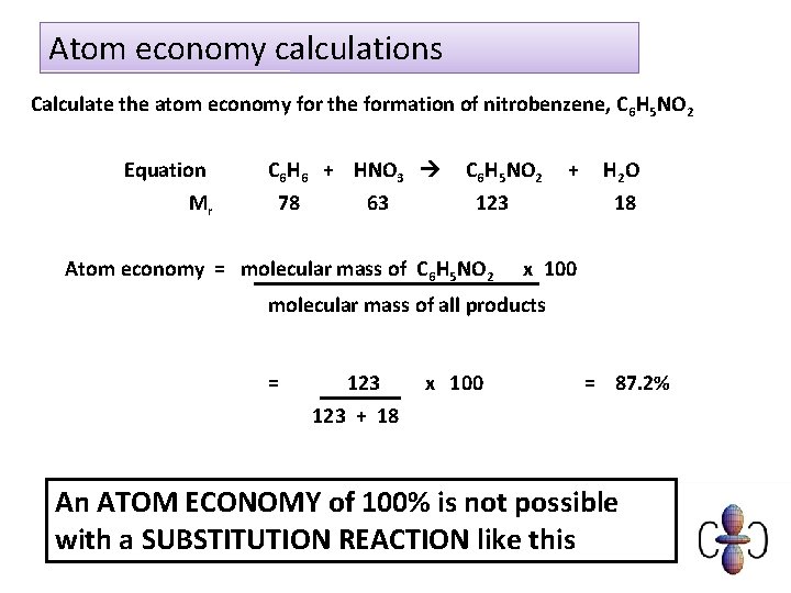 Atom economy calculations Calculate the atom economy for the formation of nitrobenzene, C 6
