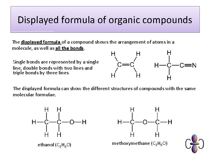 Displayed formula of organic compounds The displayed formula of a compound shows the arrangement