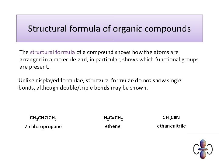 Structural formula of organic compounds The structural formula of a compound shows how the