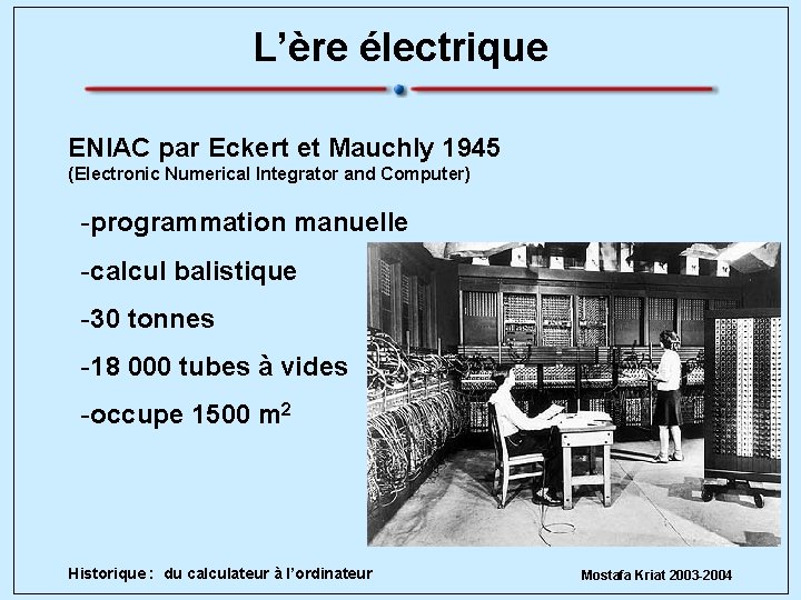 L’ère électrique ENIAC par Eckert et Mauchly 1945 (Electronic Numerical Integrator and Computer) -programmation