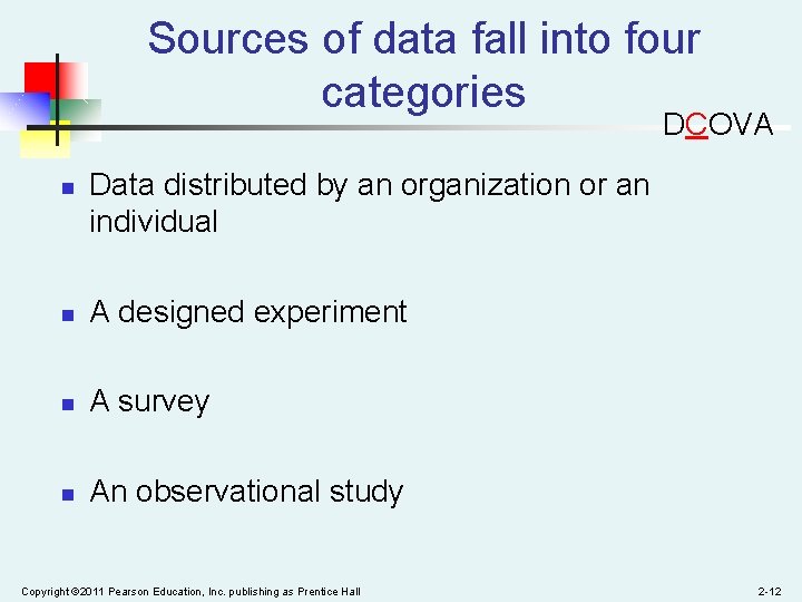 Sources of data fall into four categories DCOVA n Data distributed by an organization