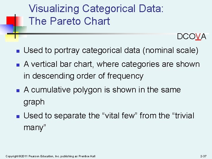 Visualizing Categorical Data: The Pareto Chart DCOVA n n Used to portray categorical data