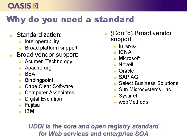 Why do you need a standard n Standardization: l l n Interoperability Broad platform