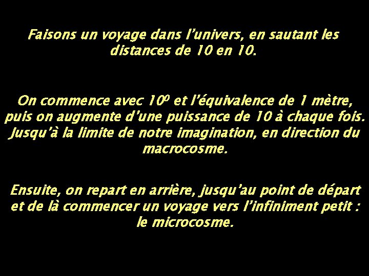 Faisons un voyage dans l’univers, en sautant les distances de 10 en 10. On