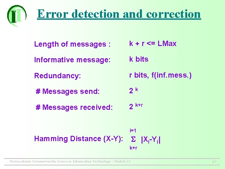 Error detection and correction Length of messages : k + r <= LMax Informative