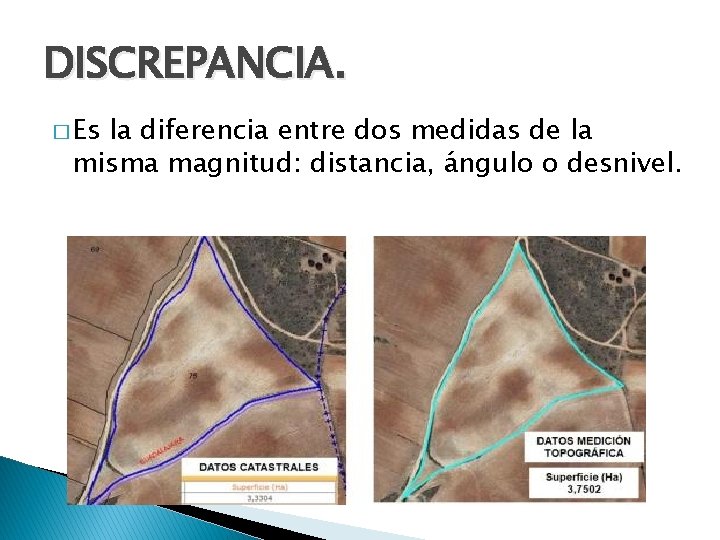 DISCREPANCIA. � Es la diferencia entre dos medidas de la misma magnitud: distancia, ángulo DISCREPANCIA. � Es la diferencia entre dos medidas de la misma magnitud: distancia, ángulo