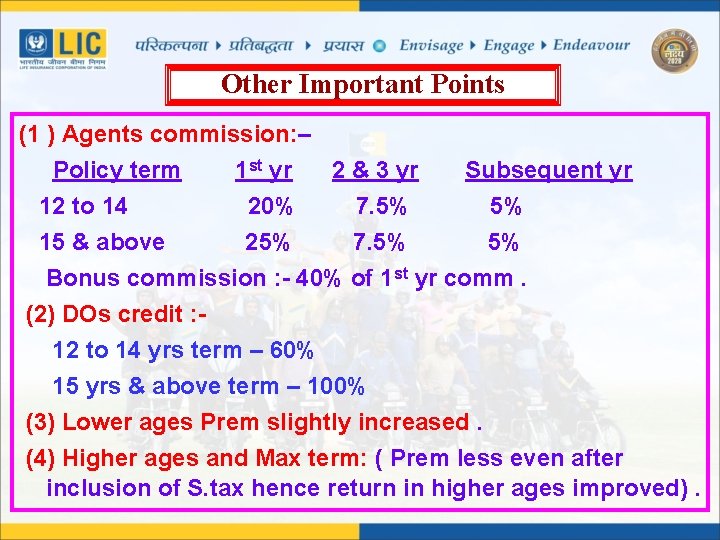 Other Important Points (1 ) Agents commission: – Policy term 1 st yr 2