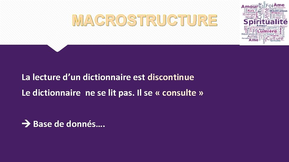 MACROSTRUCTURE La lecture d’un dictionnaire est discontinue Le dictionnaire ne se lit pas. Il MACROSTRUCTURE La lecture d’un dictionnaire est discontinue Le dictionnaire ne se lit pas. Il