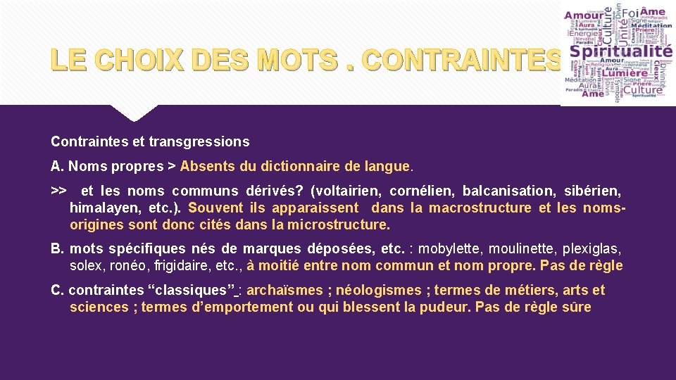 LE CHOIX DES MOTS. CONTRAINTES Contraintes et transgressions A. Noms propres > Absents du LE CHOIX DES MOTS. CONTRAINTES Contraintes et transgressions A. Noms propres > Absents du
