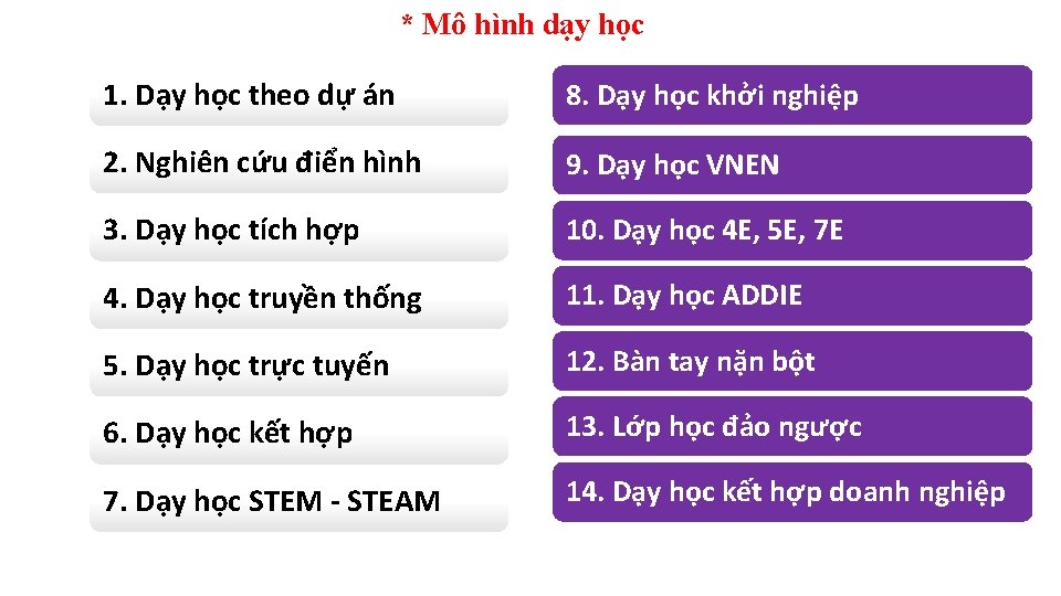 * Mô hình dạy học 1. Dạy học theo dự án 8. Dạy học