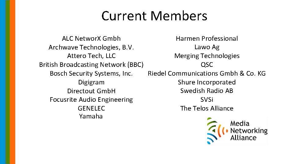 Current Members Harmen Professional ALC Networ. X Gmbh Lawo Ag Archwave Technologies, B. V.