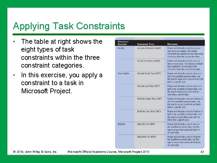 Applying Task Constraints • The table at right shows the eight types of task